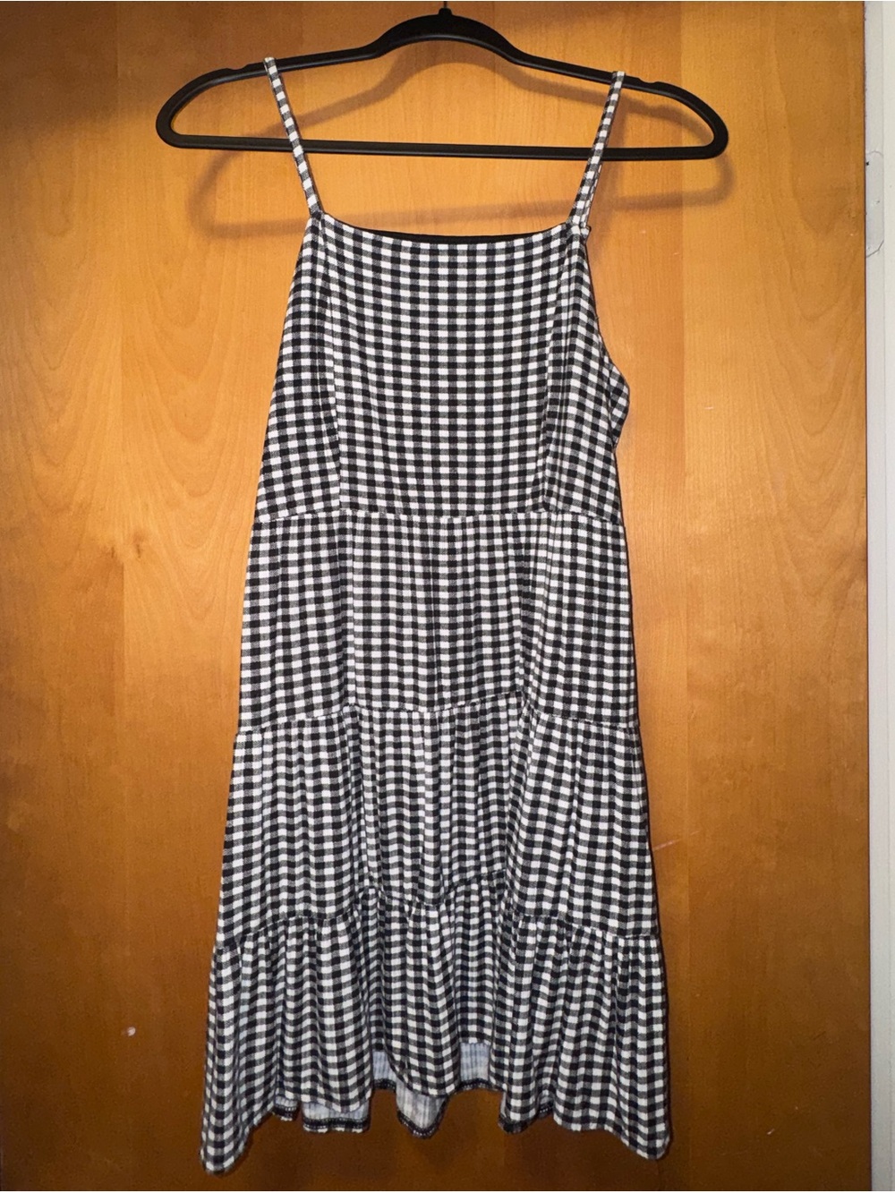 LOFT Black and White Gingham Tiered Midi Dress